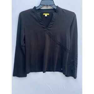 Lole Long Sleeve Stretch Athleisure Shirt Sz XL Black Floral Embroidery Sleeves